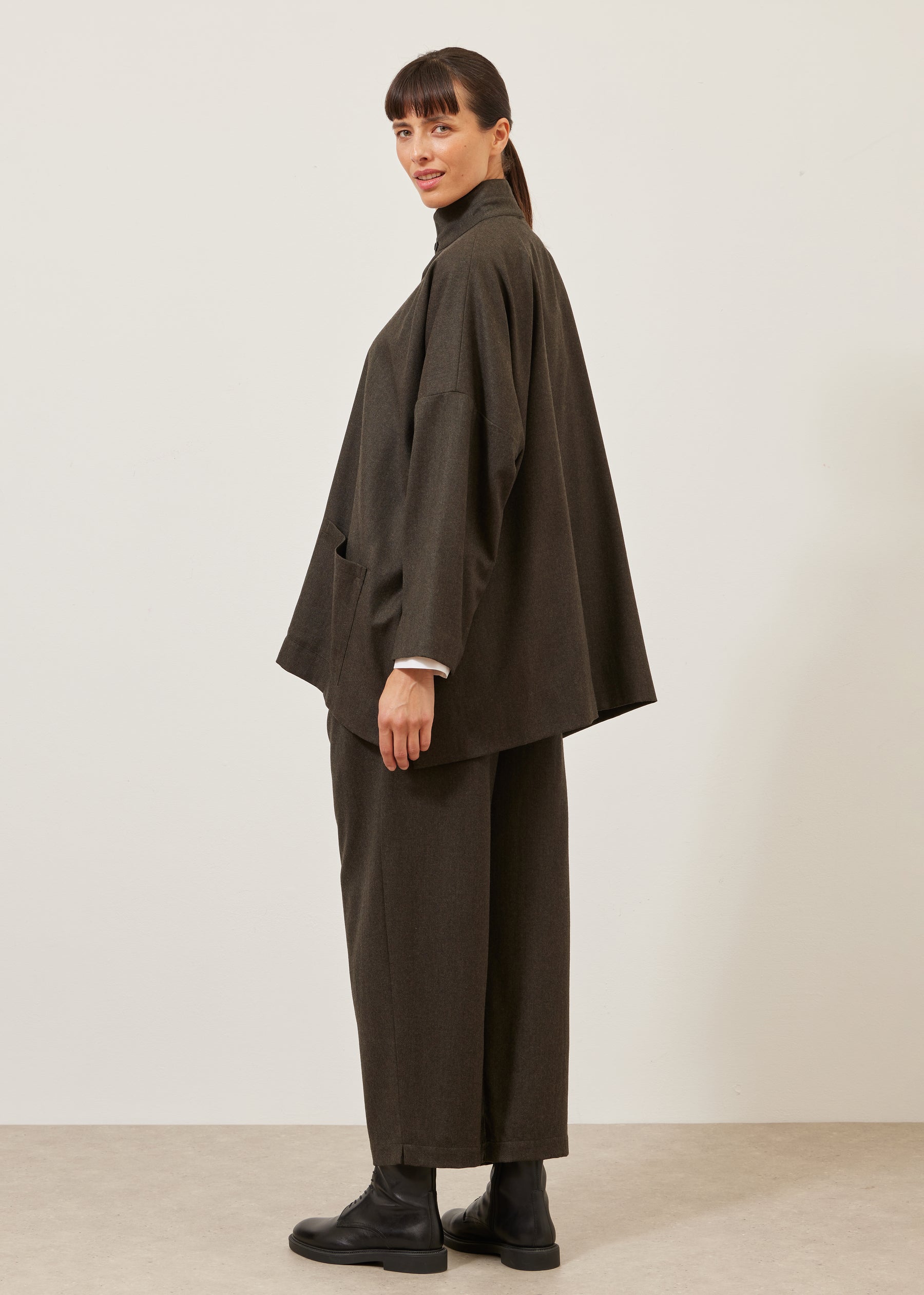 wide longer back double stand collar jacket - long