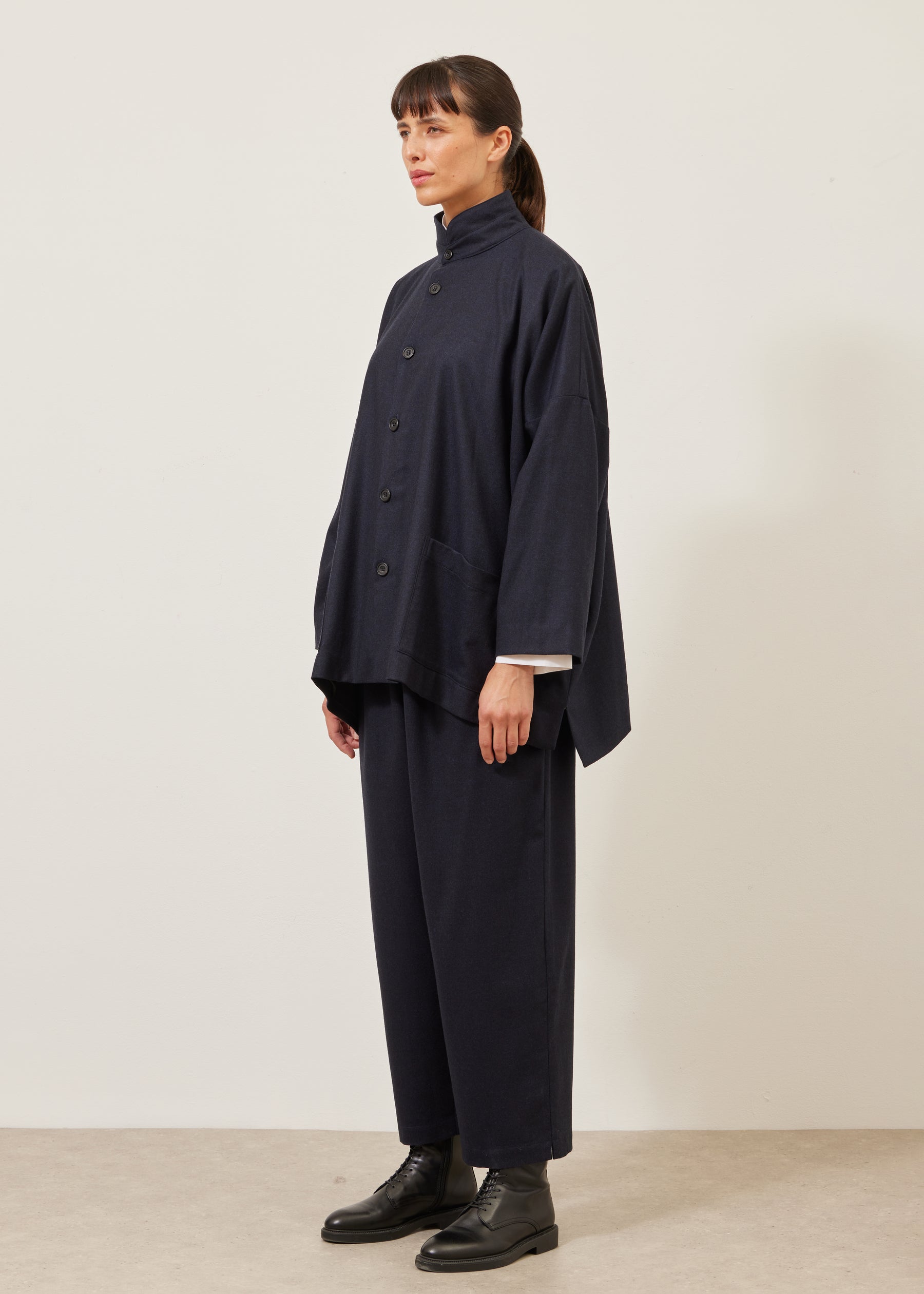 wide longer back double stand collar jacket - long