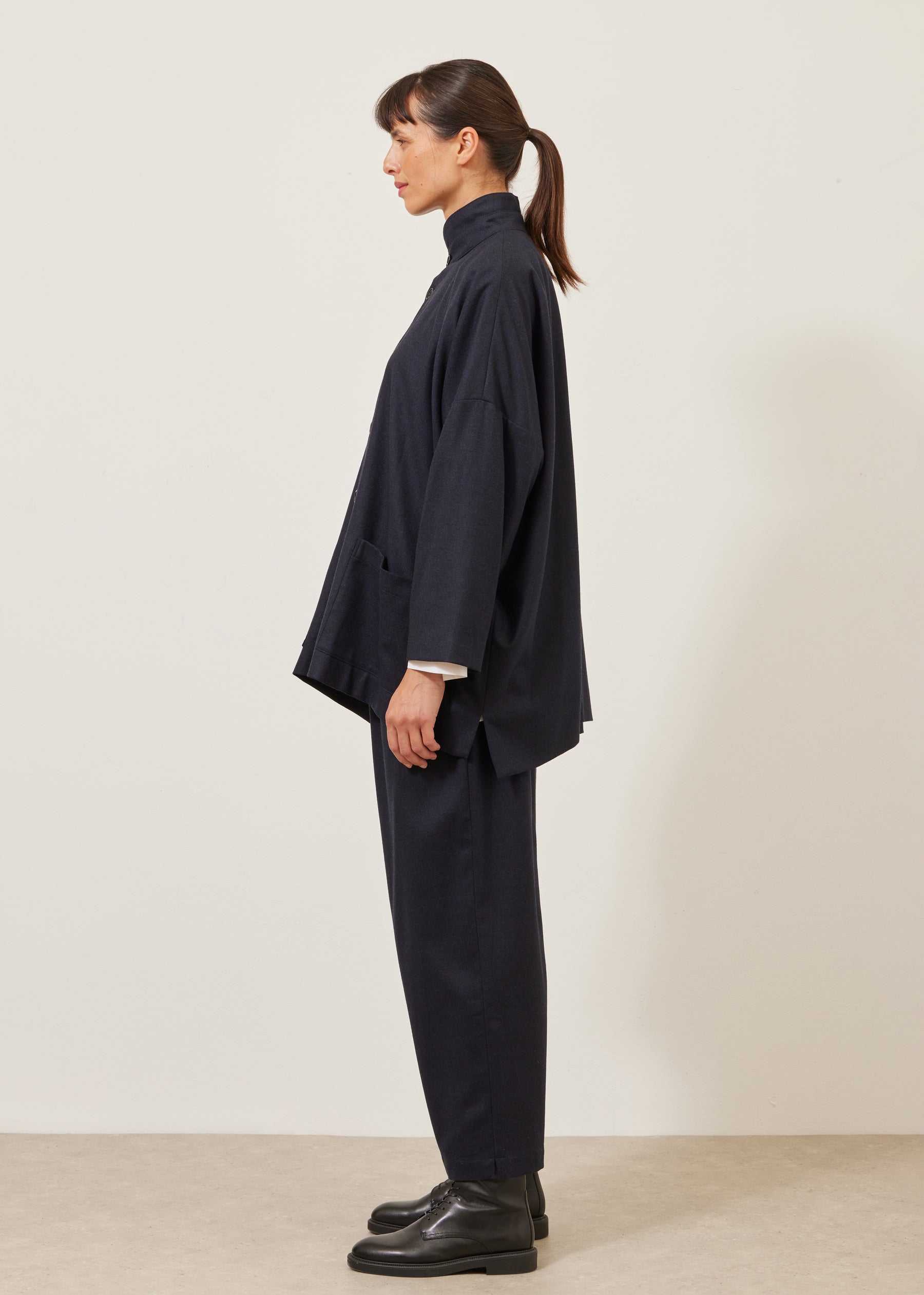 wide longer back double stand collar jacket - long