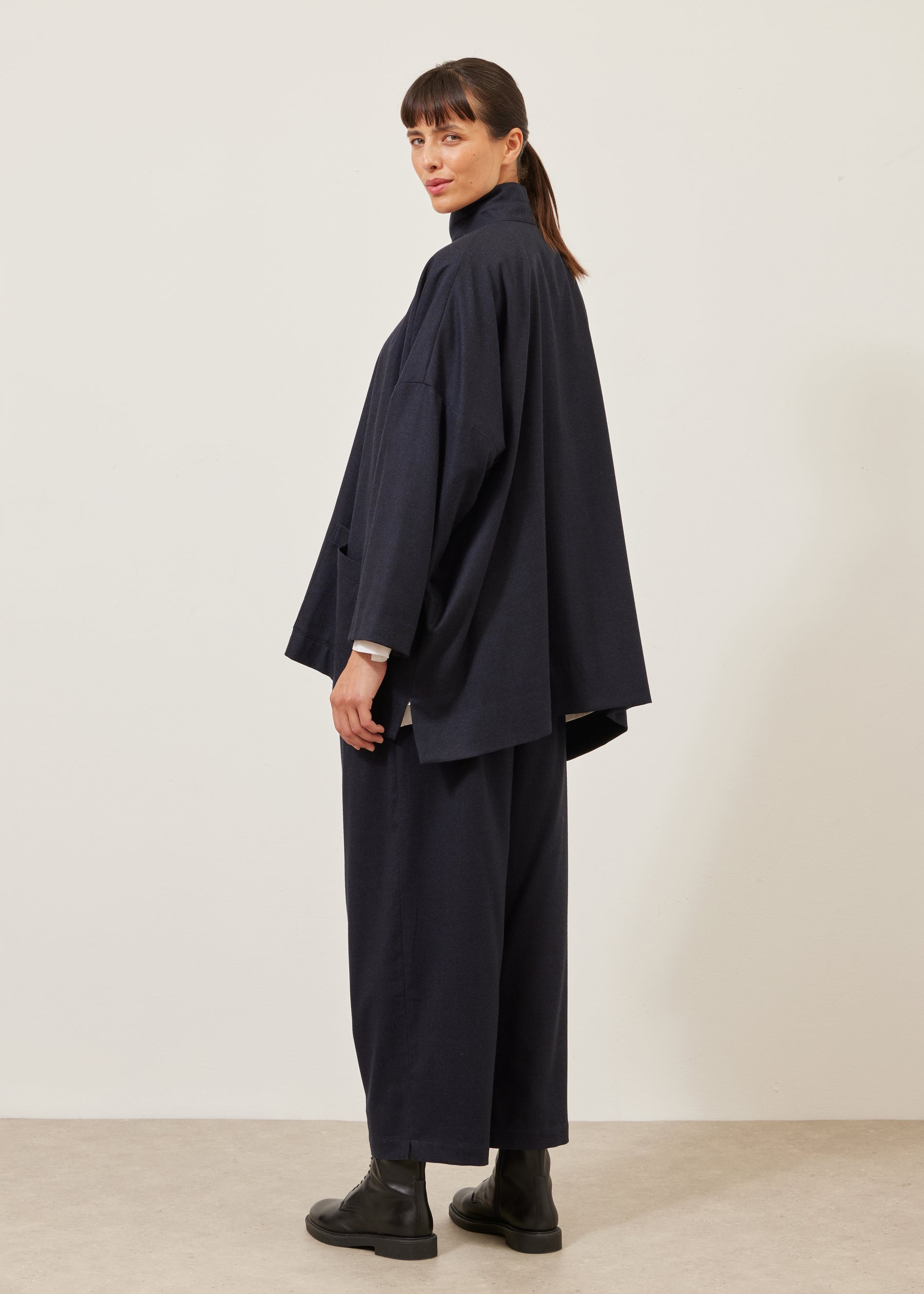 wide longer back double stand collar jacket - long