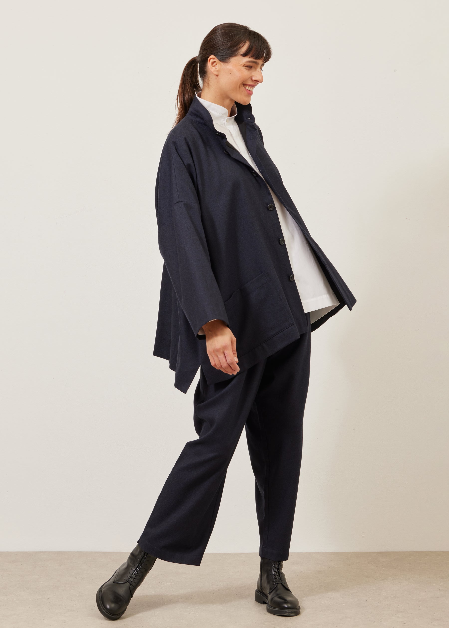 wide longer back double stand collar jacket - long