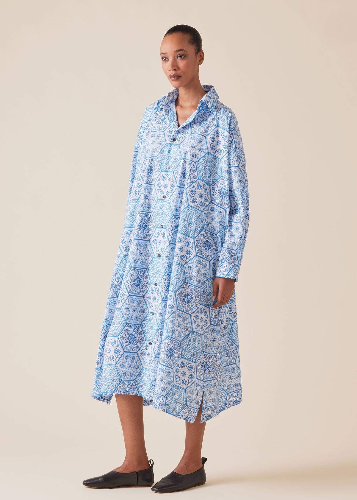 cotton wide a-line shirt dress with collar