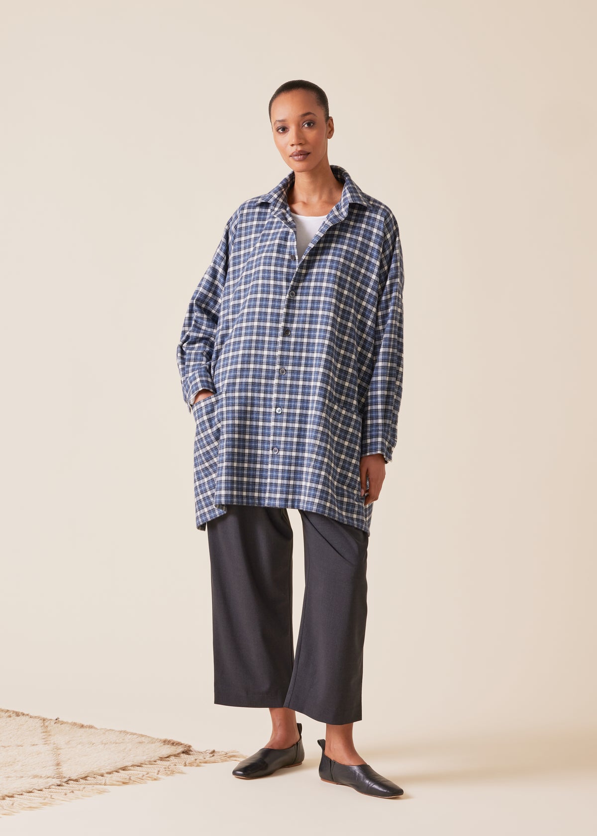 cotton wide a-line shirt jacket with collar - long plus