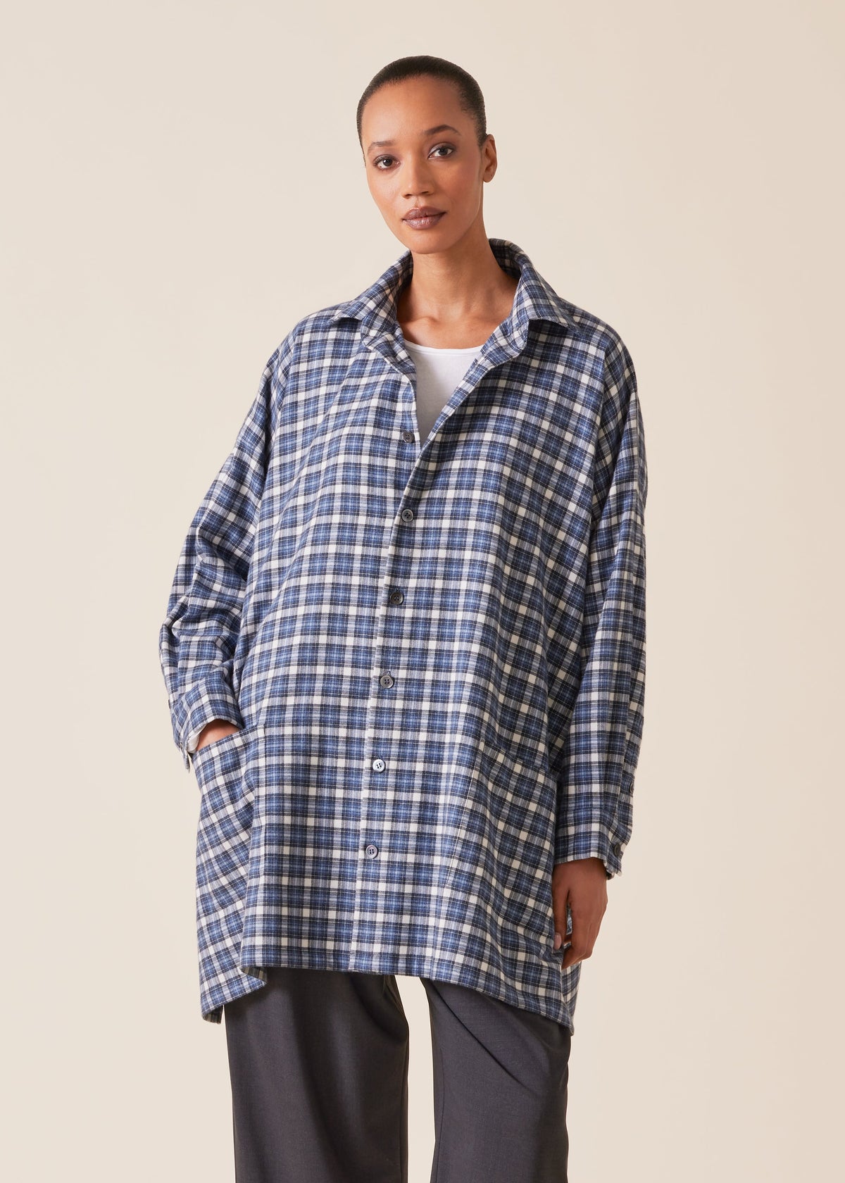 cotton wide a-line shirt jacket with collar - long plus