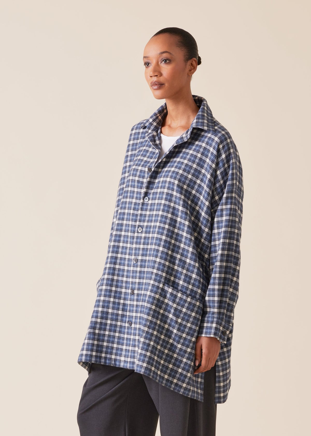 cotton wide a-line shirt jacket with collar - long plus