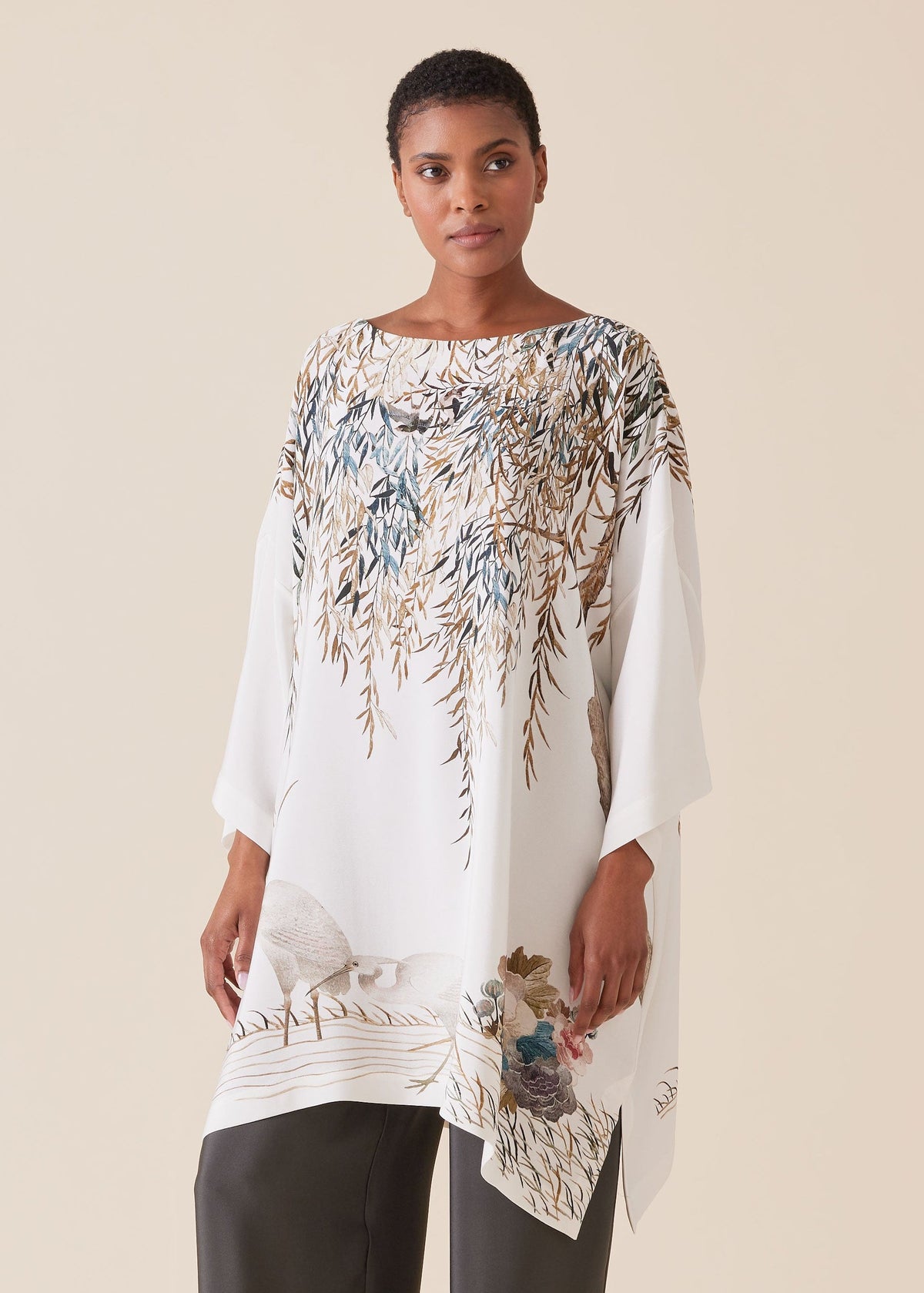 silk 3/4 sleeve bateau neck tunic - long plus (ivory)