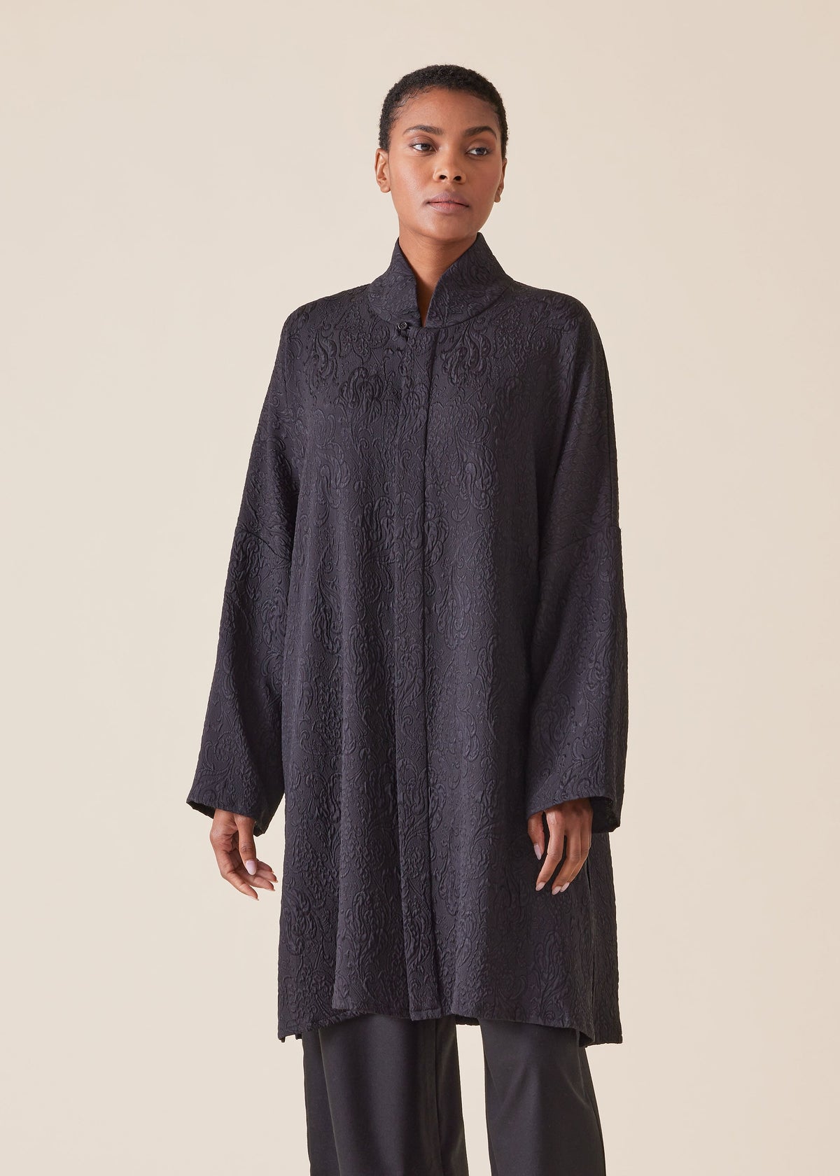 silk chinese imperial shirt with chinese collar - very long with slits (black)