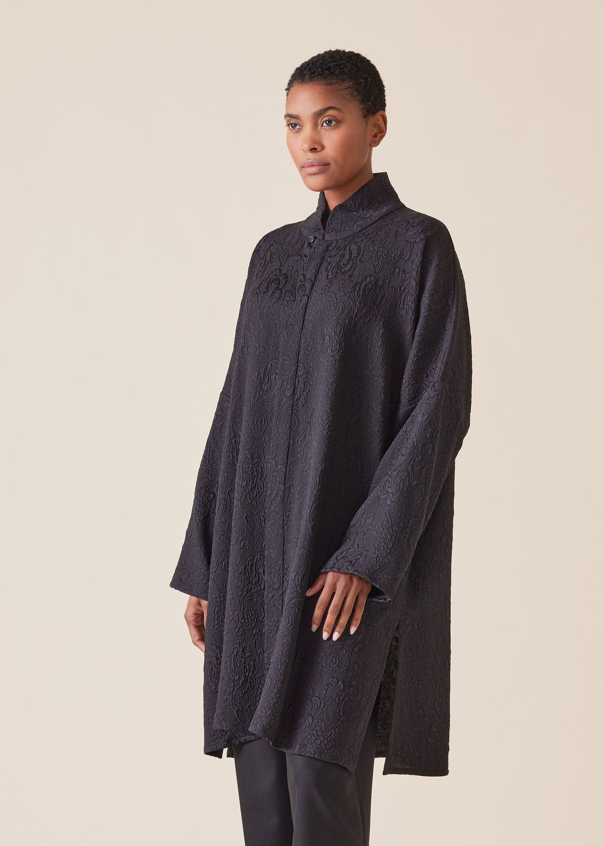 silk chinese imperial shirt with chinese collar - very long with slits (black)