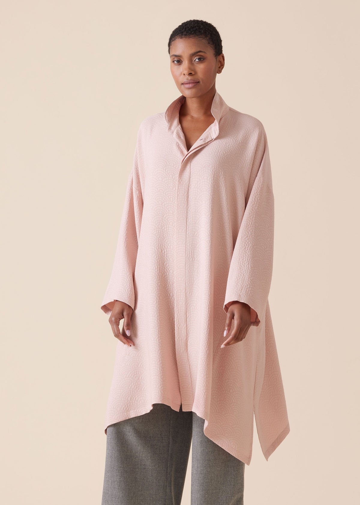 silk wide a-line double stand collar shirt - very long with slits