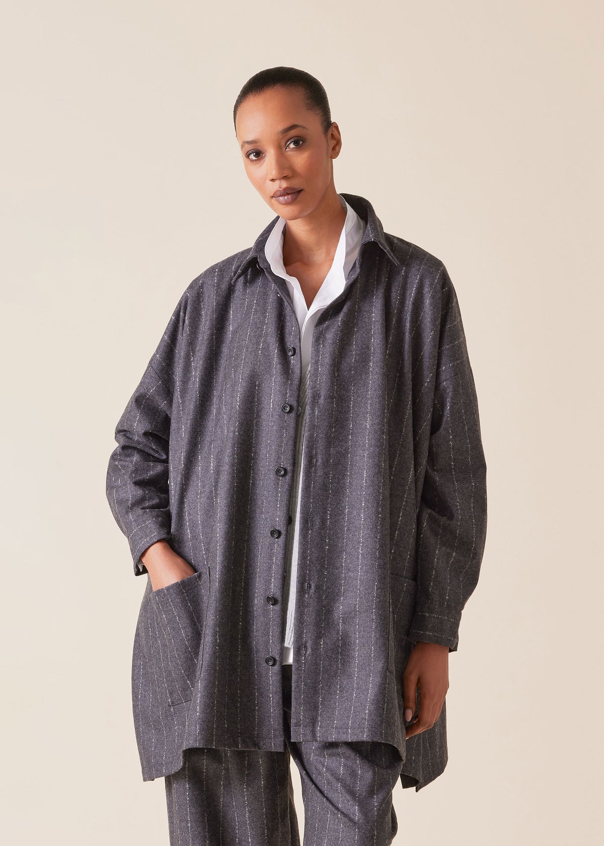 wool cashmere mix wide a-line shirt jacket with collar - long plus