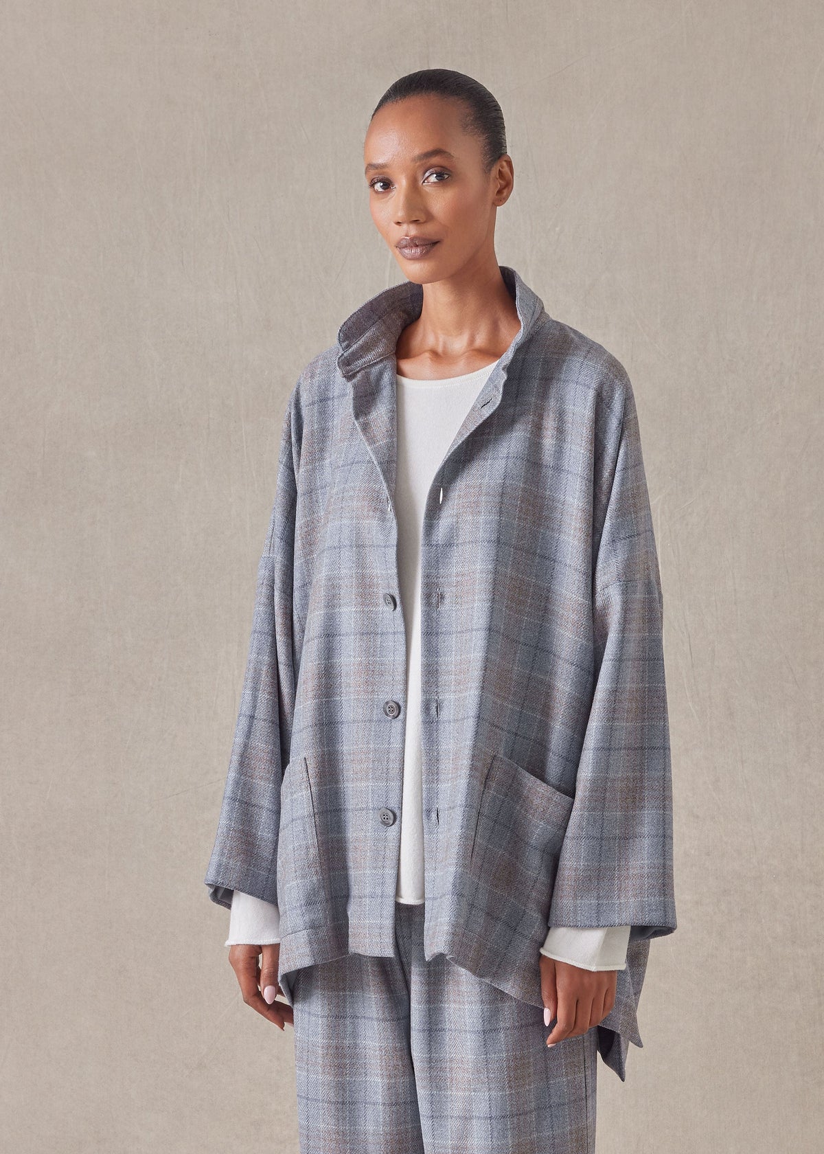 wool silk mix wide longer back double stand collar jacket - long