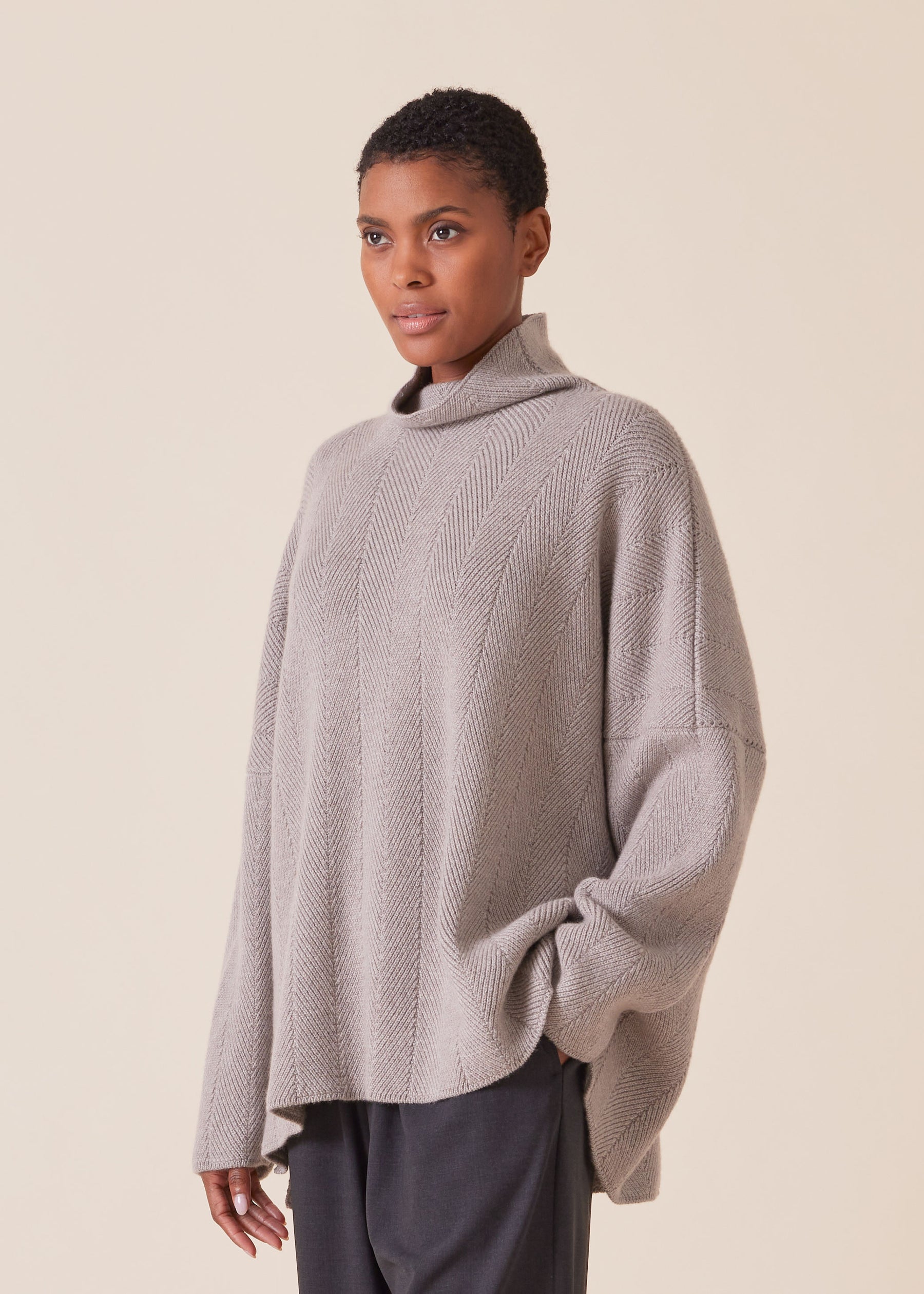 cashmere 3/4 width longer back funnel neck sweater - mid
