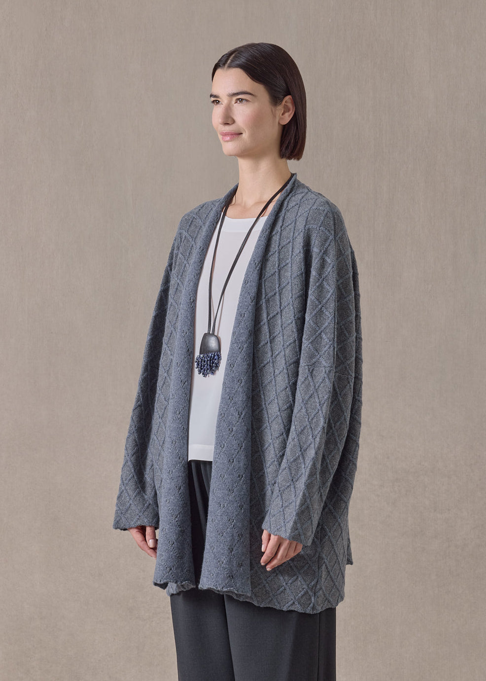 cashmere open cardigan - long (grey/denim)