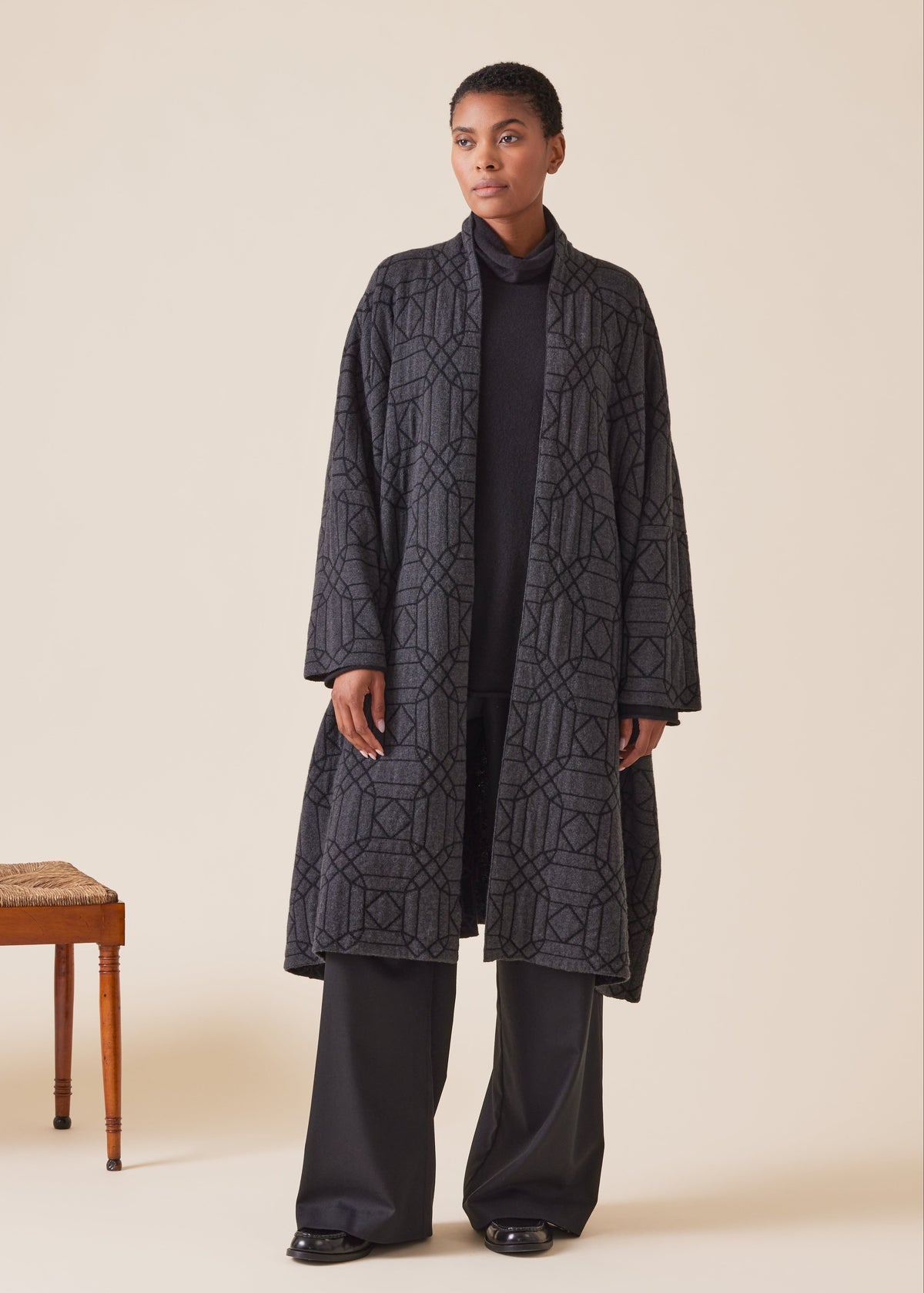 cashmere knitted scrunch shawl collar cardigan - very long (charcoal / black)