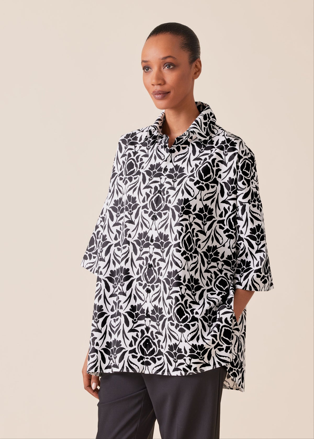 cotton sloped shoulder wide a-line short sleeve shirt with collar - long