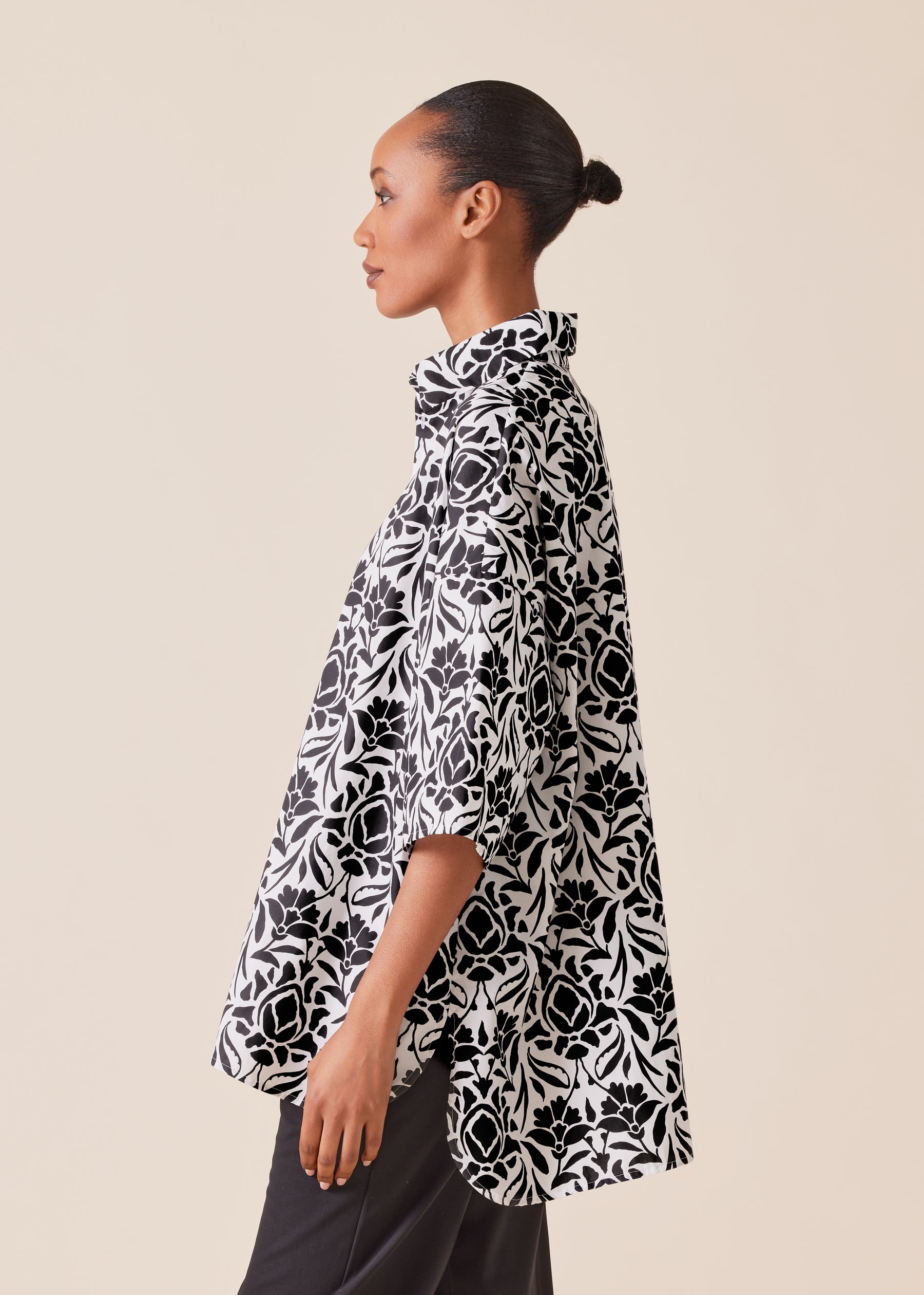 cotton sloped shoulder wide a-line short sleeve shirt with collar - long