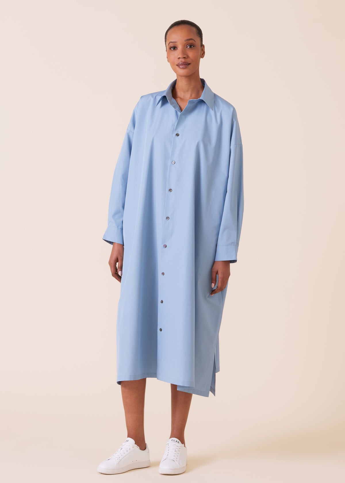 cotton poplin wide a-line shirt dress with collar