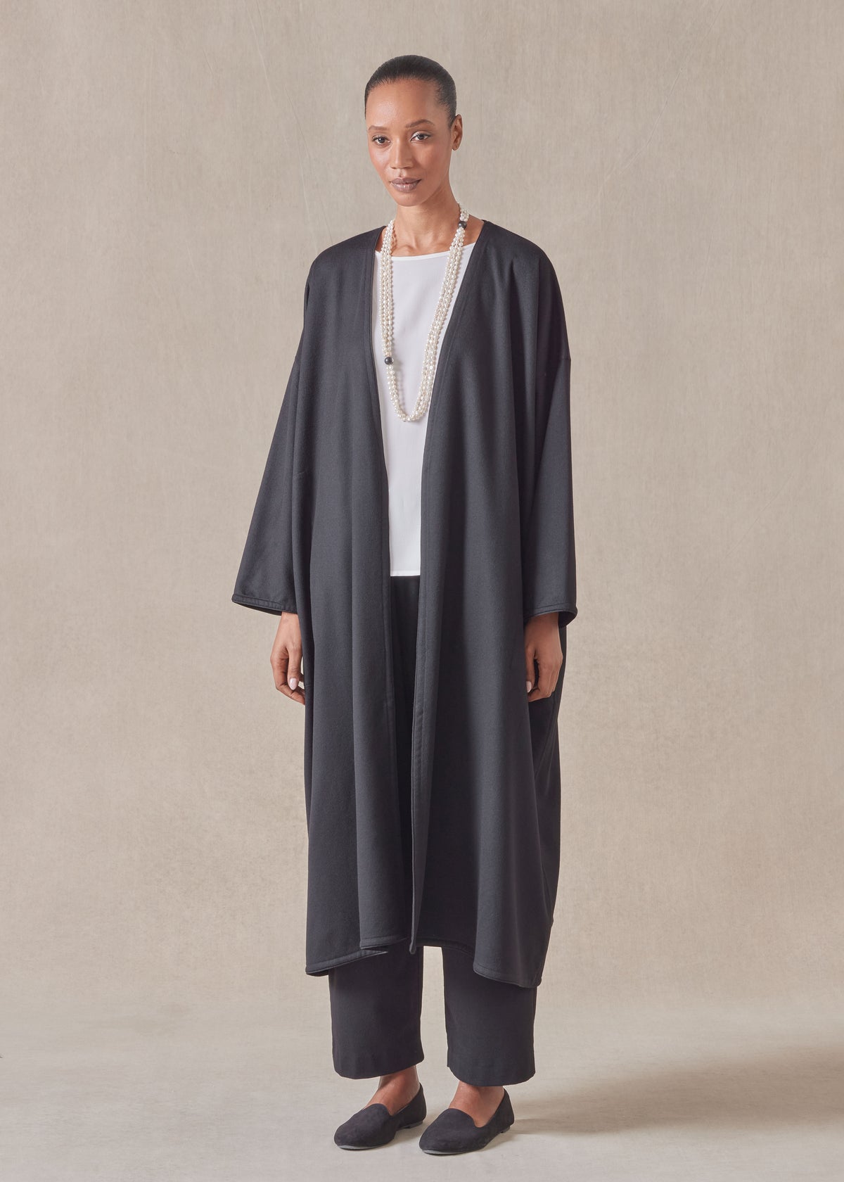 wide a-line v-neck coat with piped edge