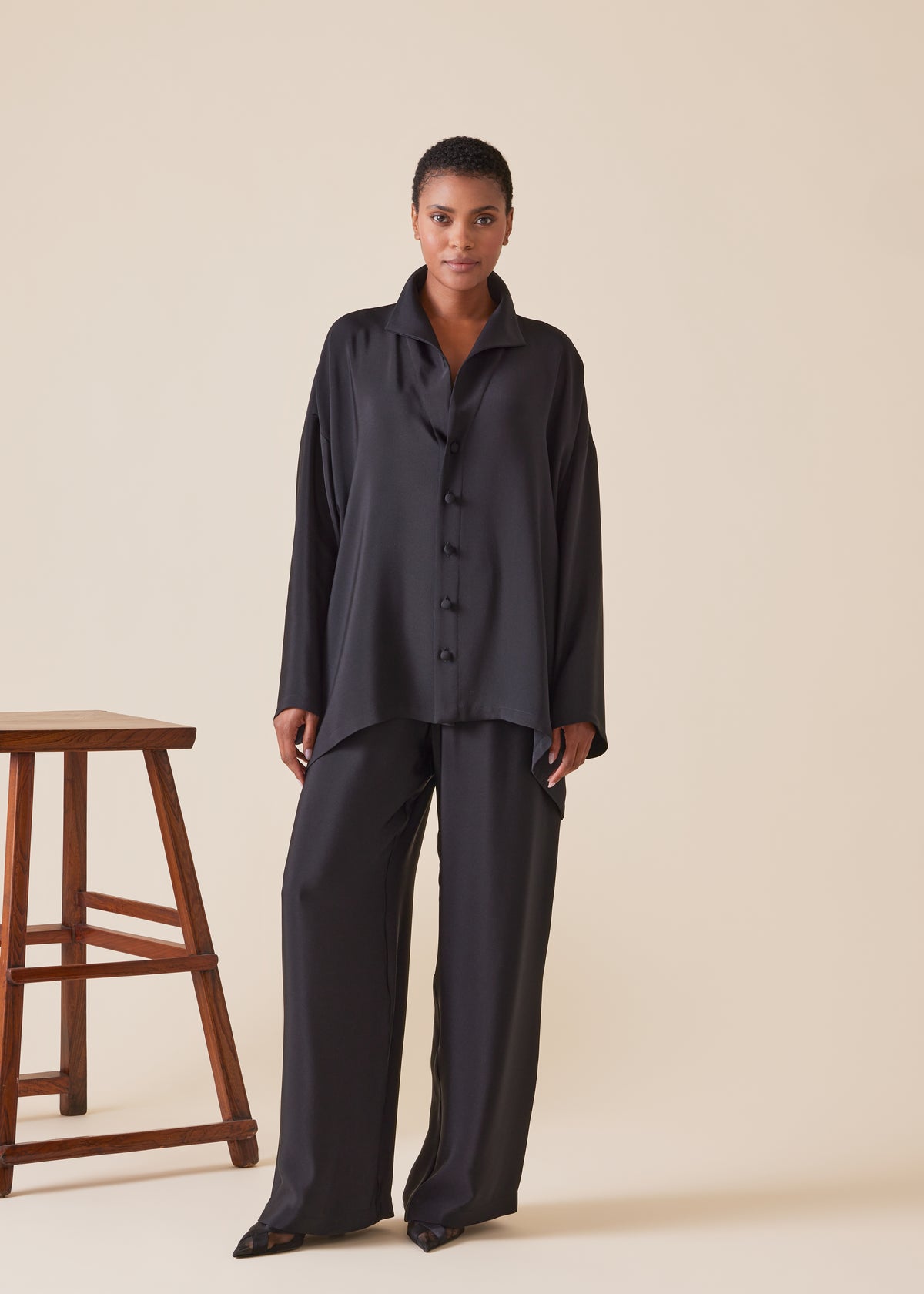 silk wide a-line shirt with open standup collar  - mid plus