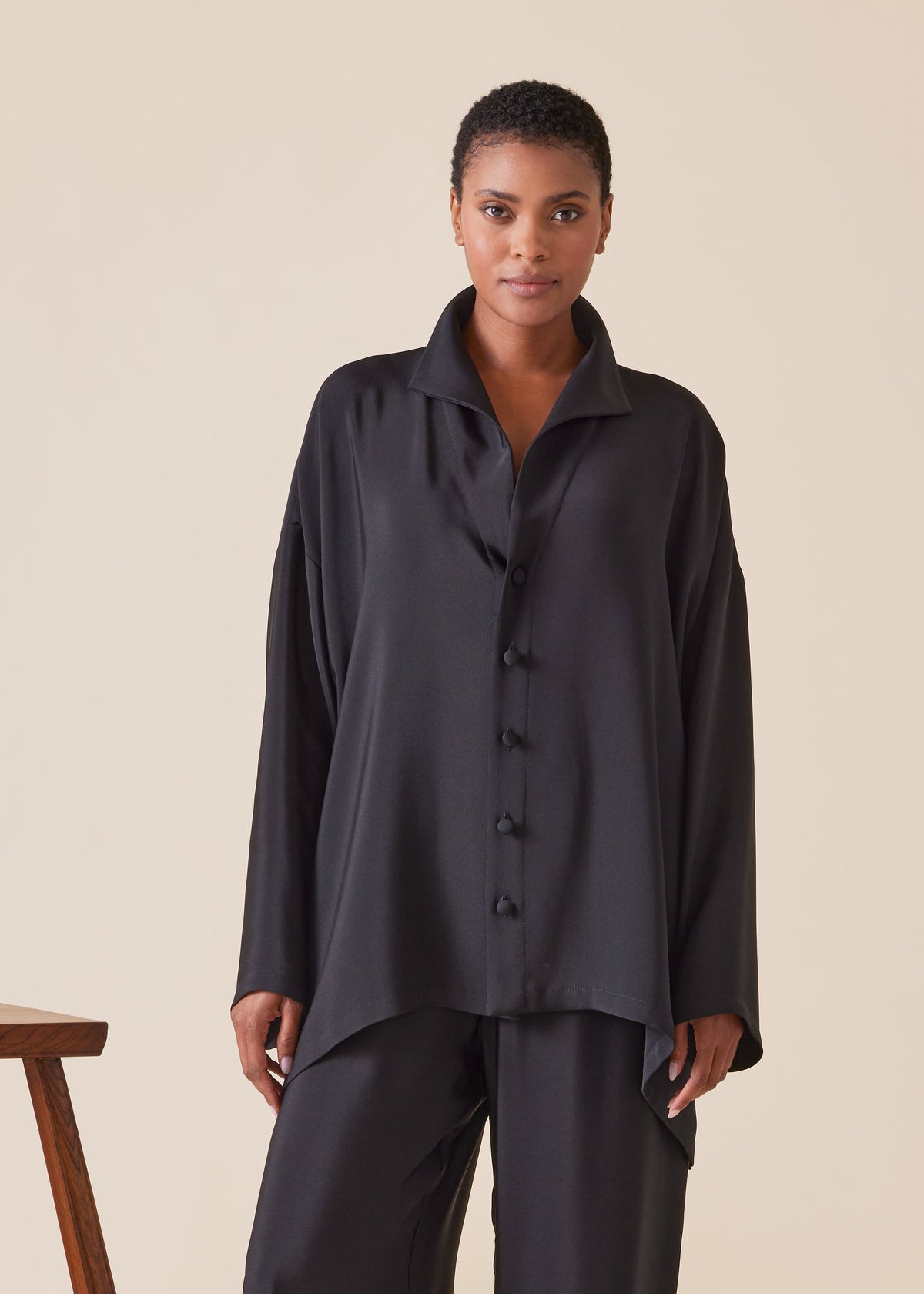 silk wide a-line shirt with open standup collar - mid plus