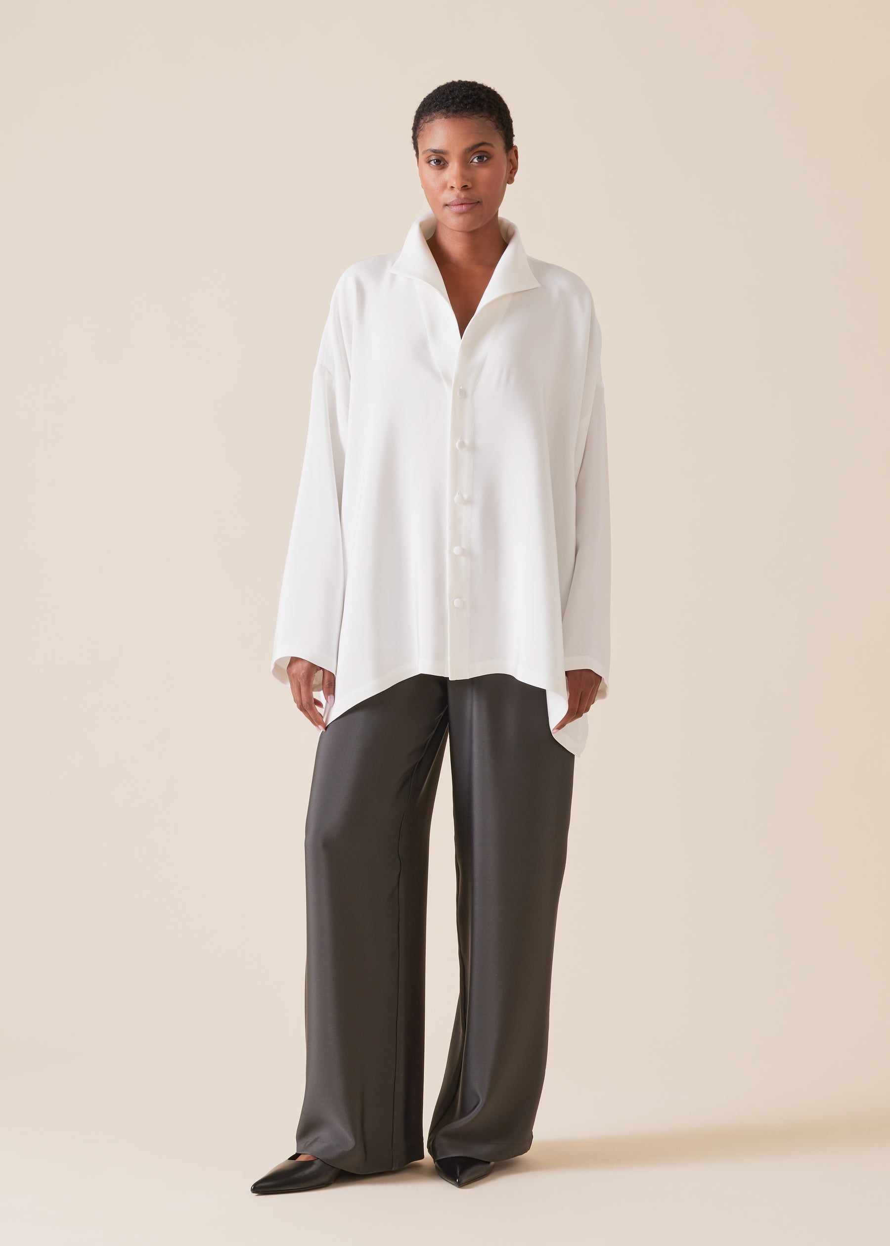 silk wide a-line shirt with open standup collar - mid plus