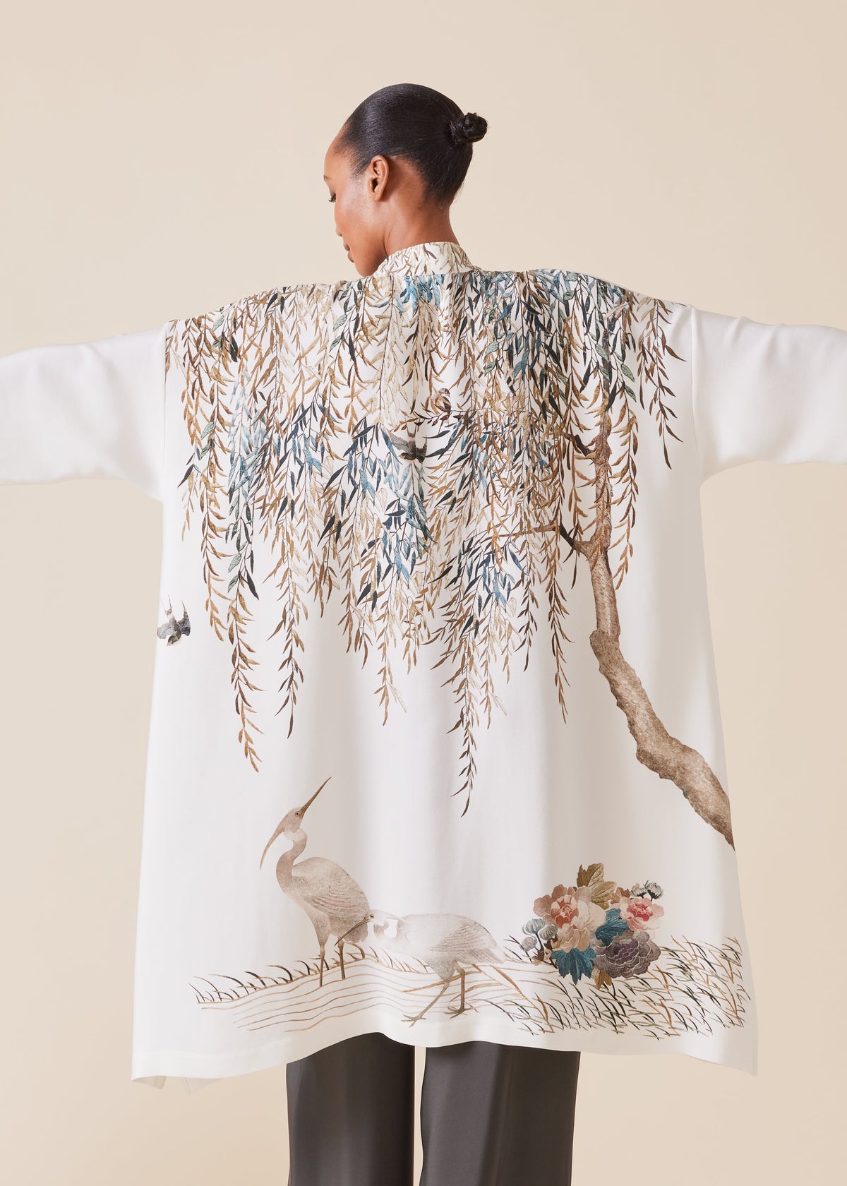 silk wide a-line collarless shirt - very long with slits (ivory)