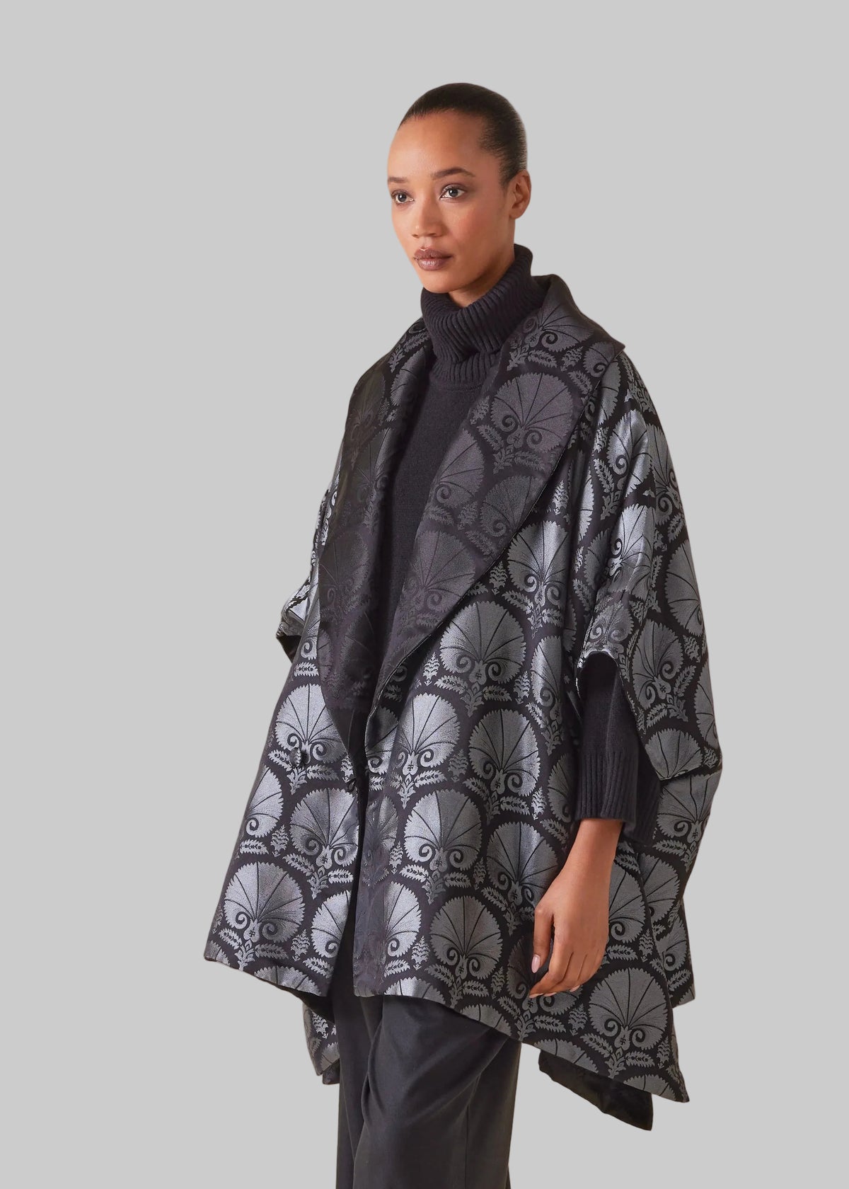 silk mix sloped shoulder shawl collar sleeveless jacket - long plus (reversible)
