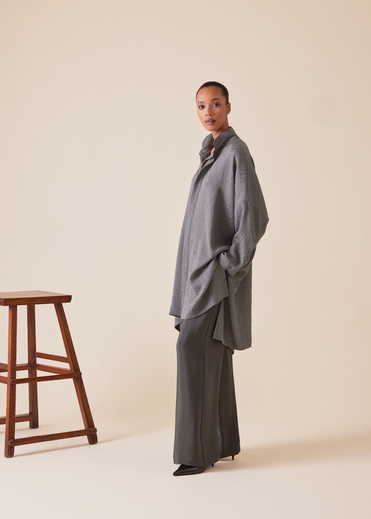 silk wide longer back double stand collar shirt - very long with slits