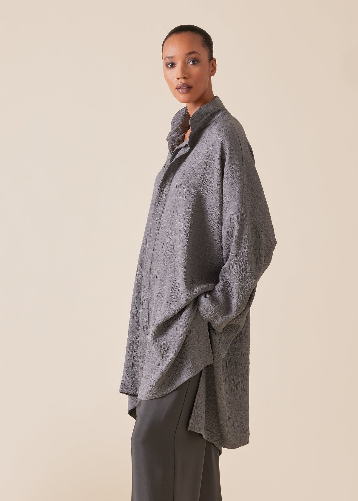 silk wide longer back double stand collar shirt - very long with slits