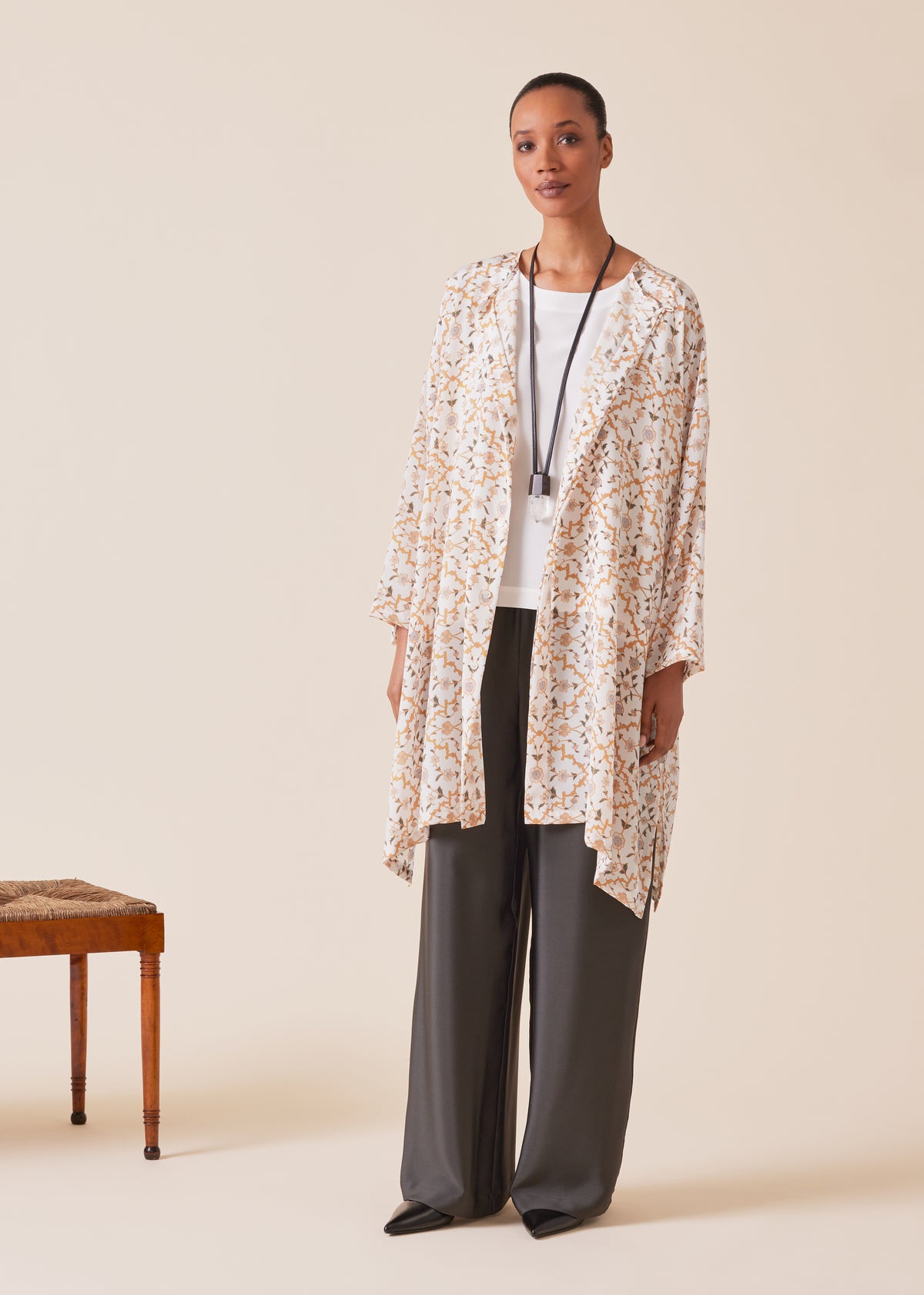 silk wide a-line bound neck shirt - very long with slits