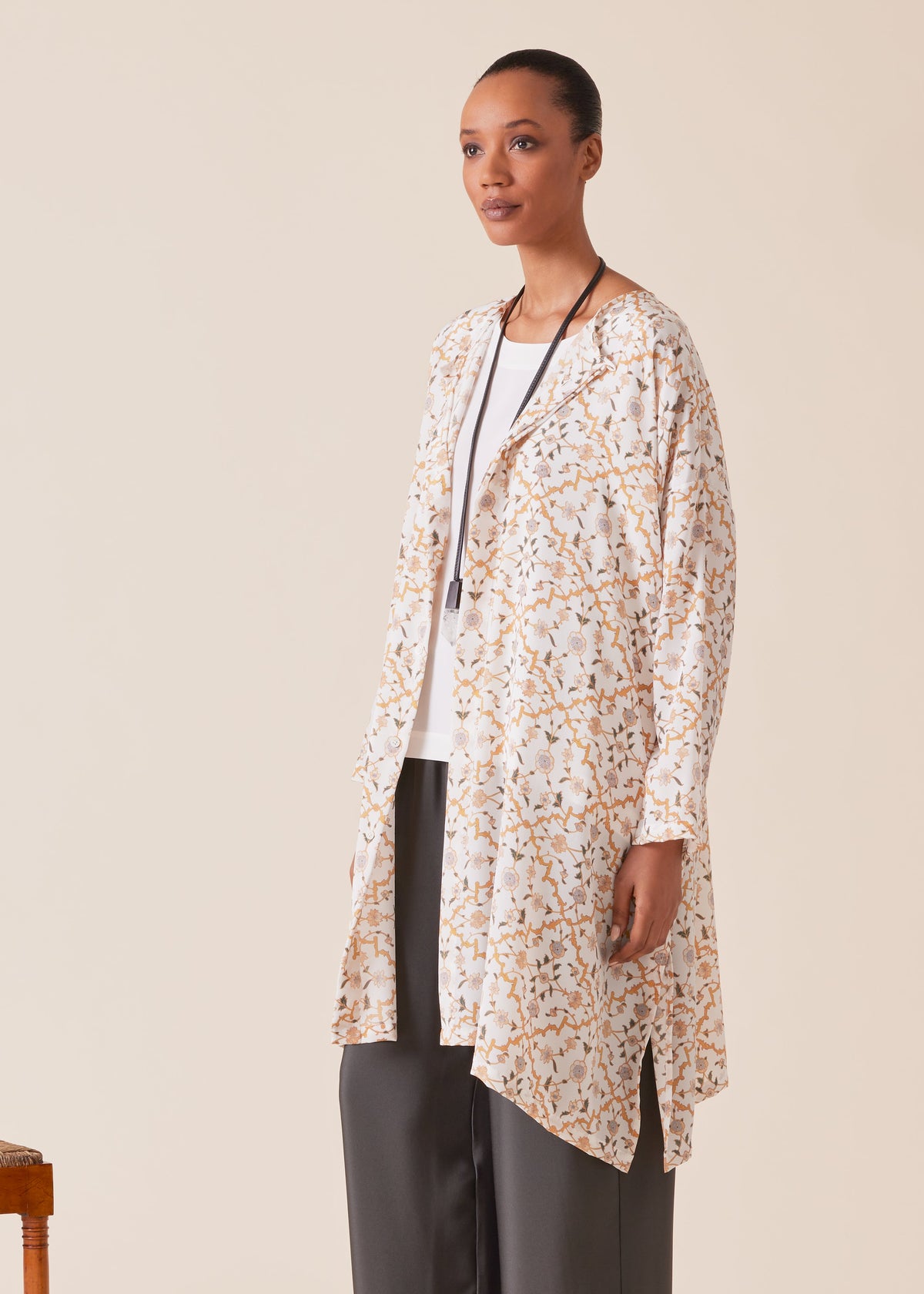 silk wide a-line bound neck shirt - very long with slits