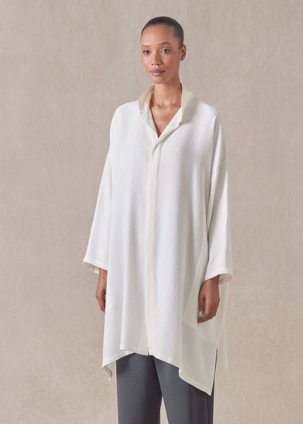 silk jacquard wide a-line double stand collar shirt - very long with slits