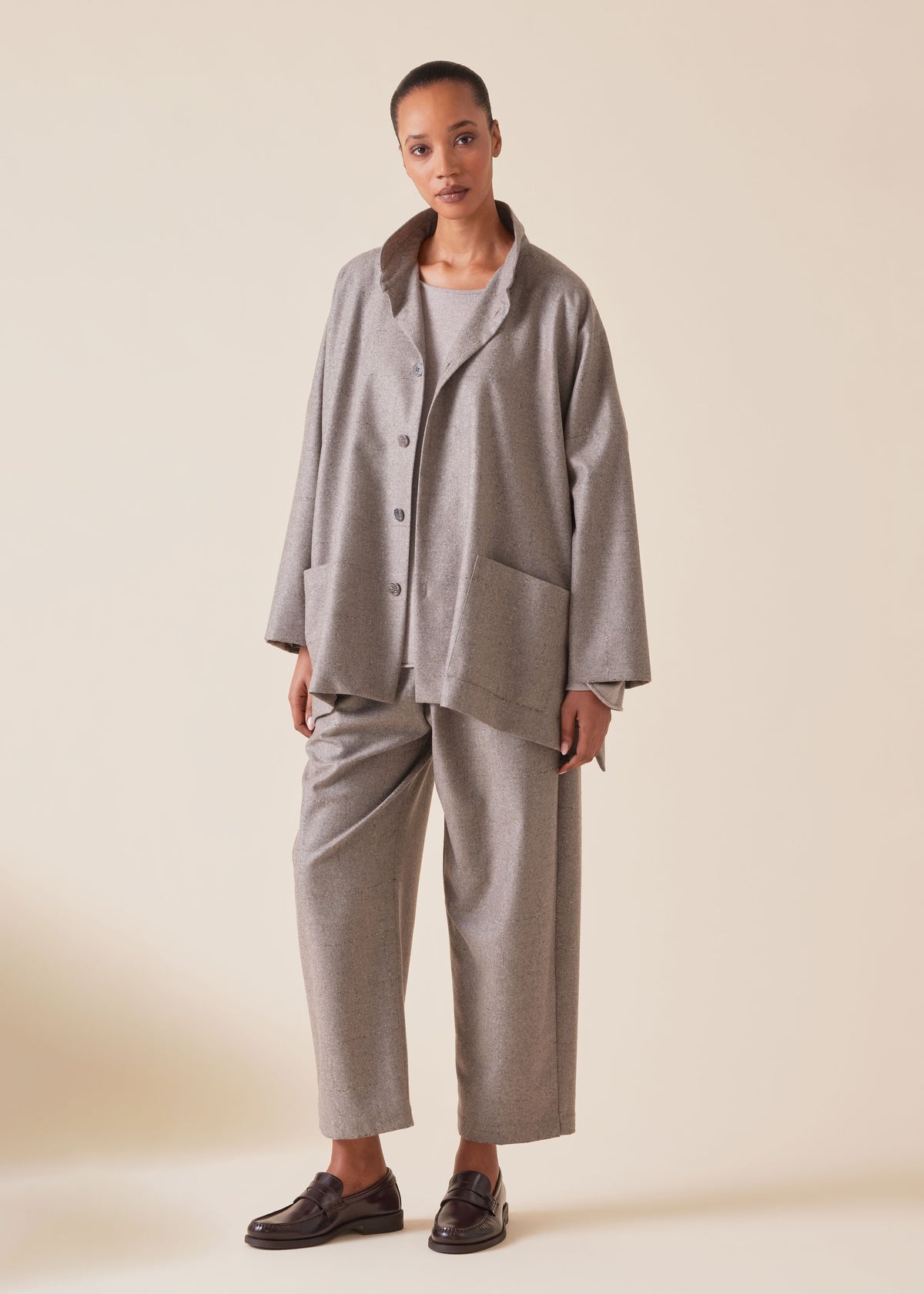 wool cashmere mix wide longer back double stand collar jacket - long