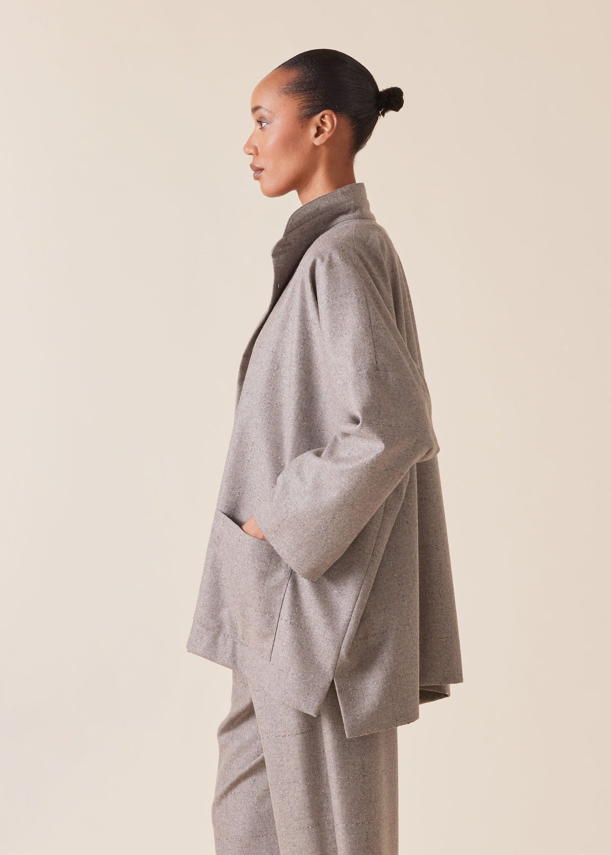wool cashmere mix wide longer back double stand collar jacket - long