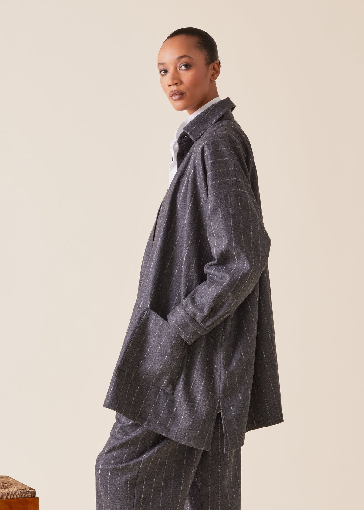 wool cashmere mix wide a-line shirt jacket with collar - long plus