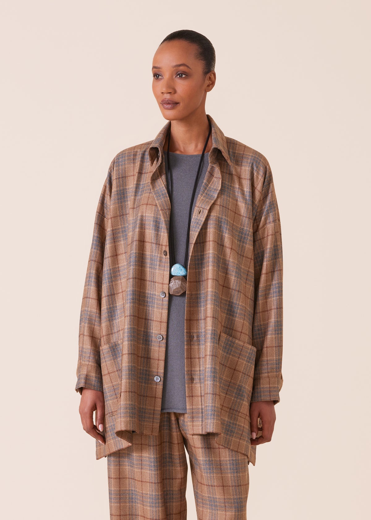 wool silk mix wide a-line shirt jacket with collar - long