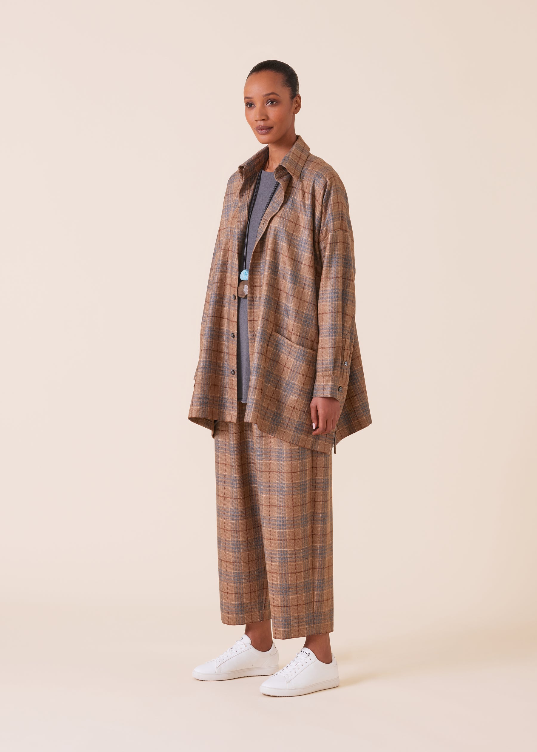 wool silk mix wide a-line shirt jacket with collar - long