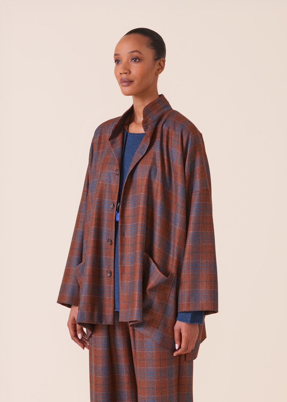 wool silk mix wide longer back double stand collar jacket - long