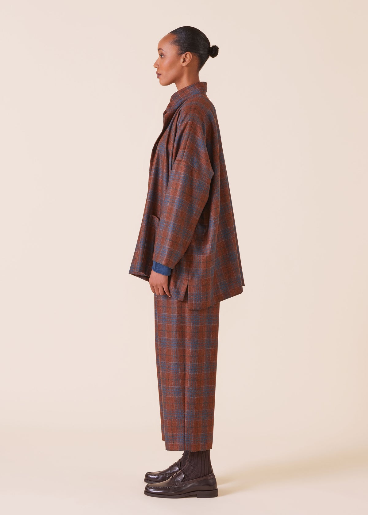 wool silk mix wide longer back double stand collar jacket - long