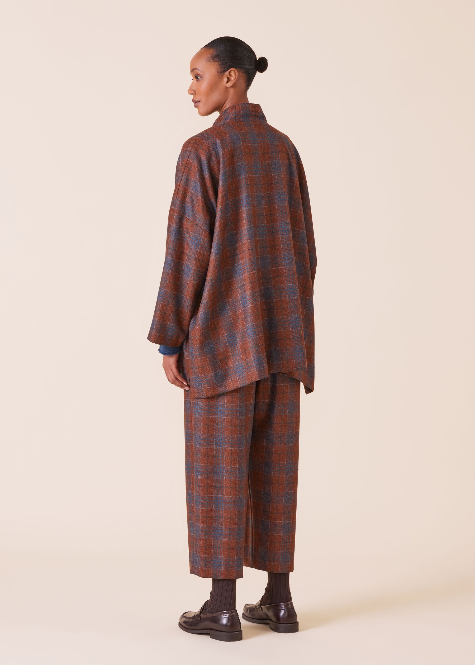 wool silk mix wide longer back double stand collar jacket - long
