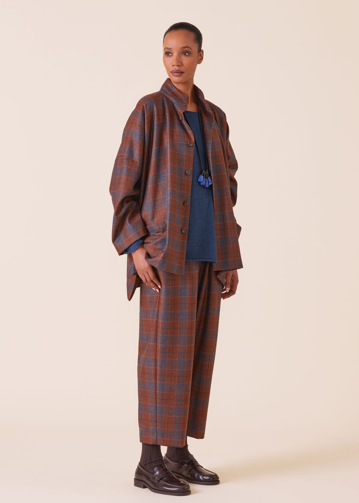 wool silk mix wide longer back double stand collar jacket - long