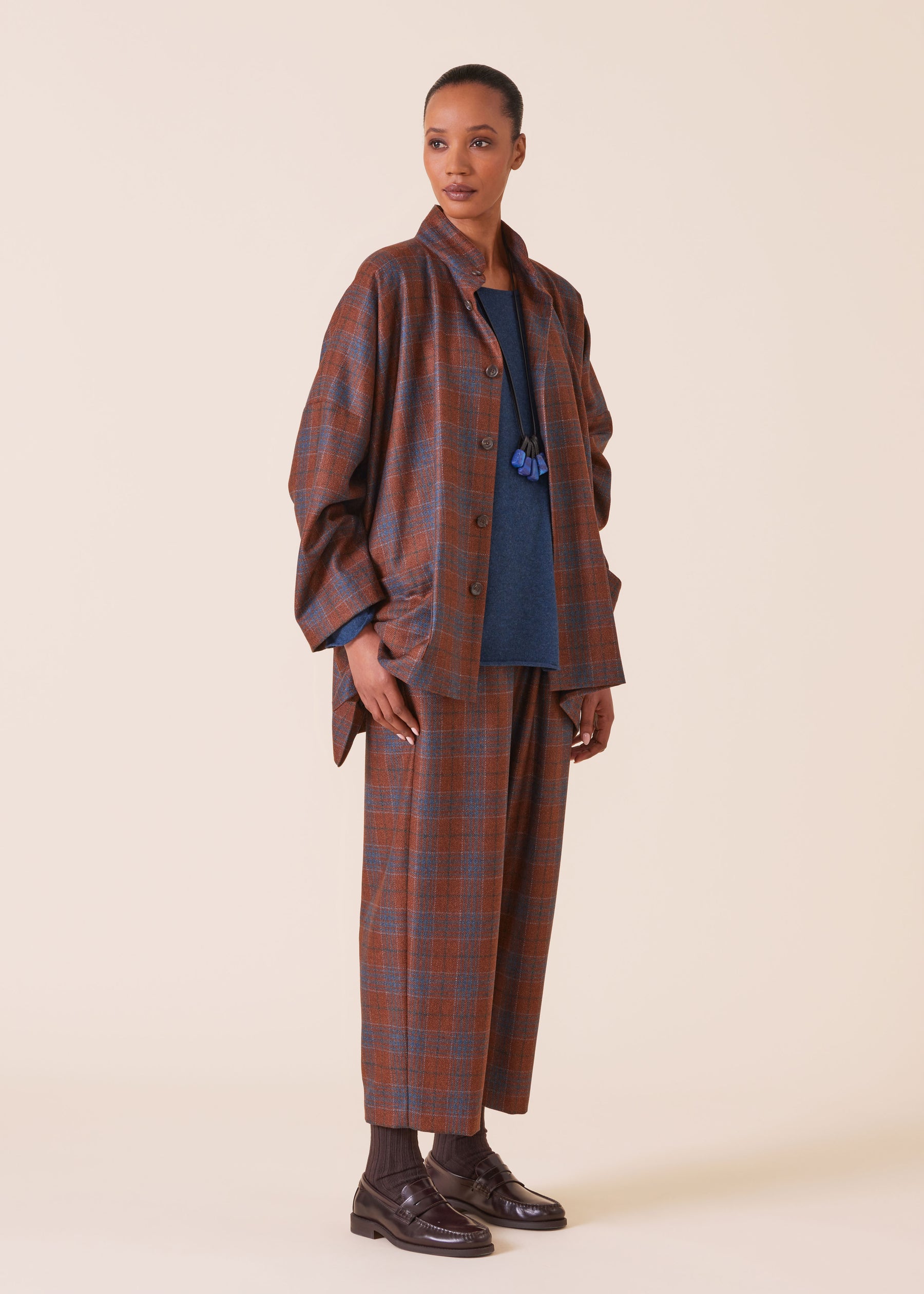 wool silk mix wide longer back double stand collar jacket - long