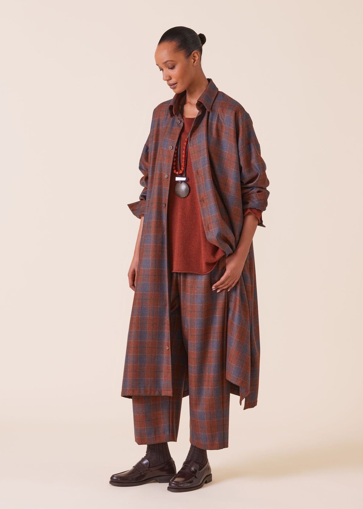 wool silk mix wide a-line shirt dress with collar (rustblue)