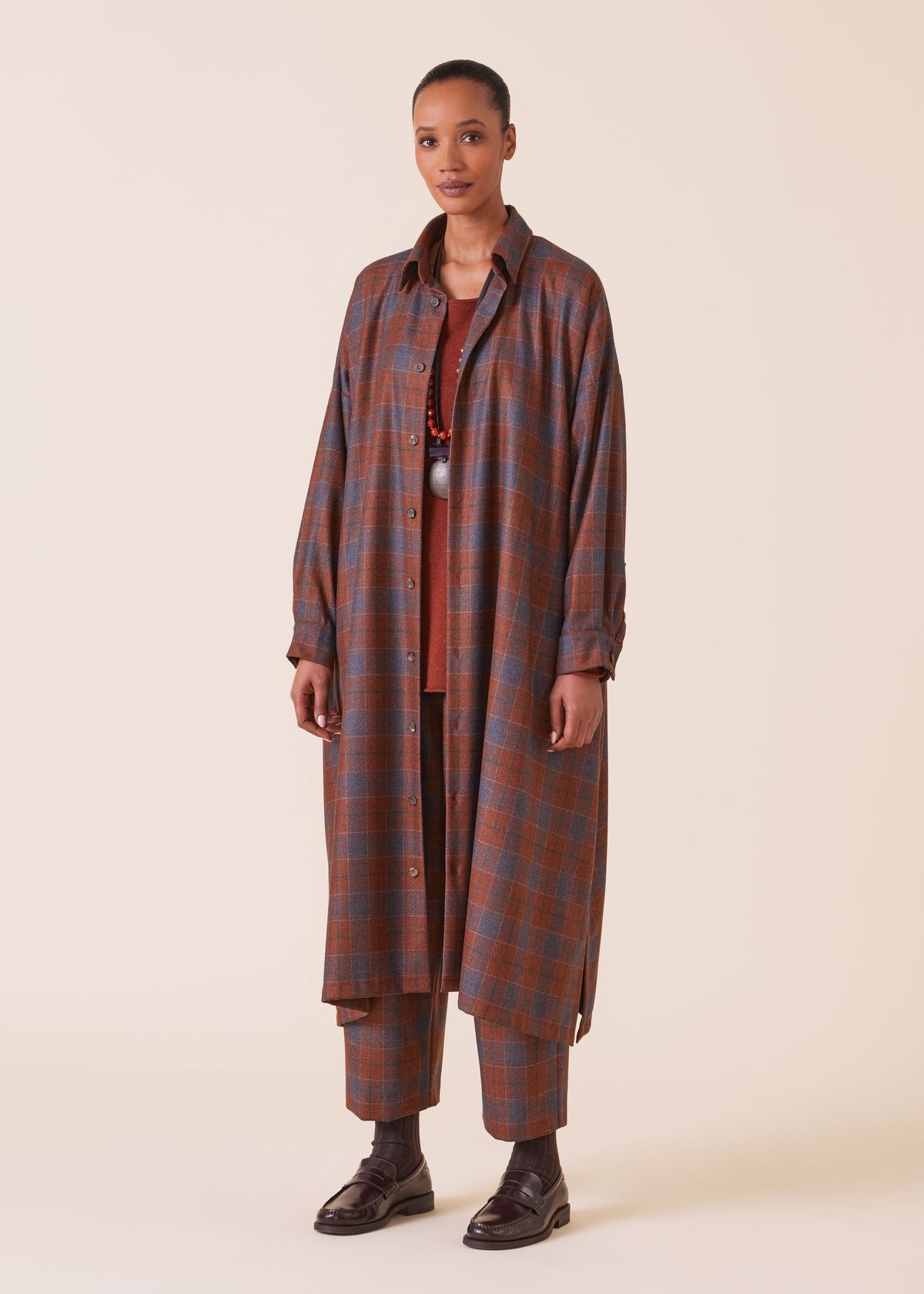 wool silk mix wide a-line shirt dress with collar (rustblue)