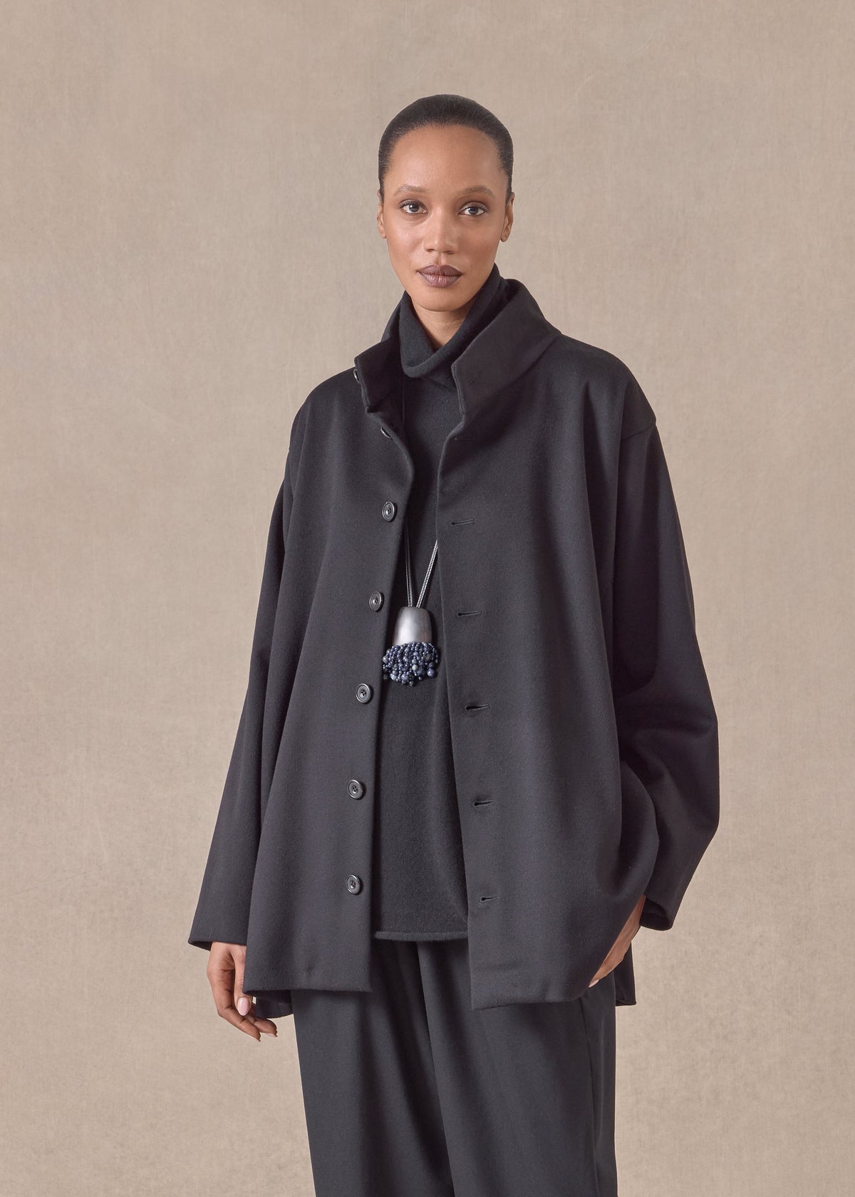 wool cashmere mix high neck caucasus coat - long (black)