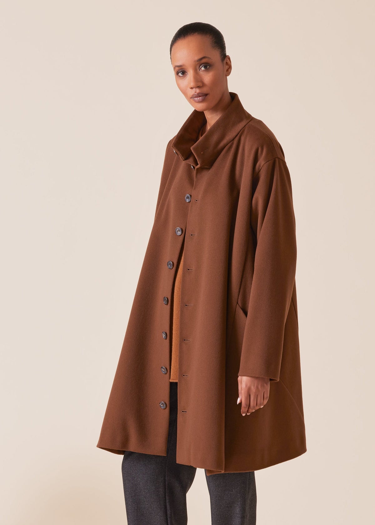 wool cashmere mix high neck caucasus coat - very long (vicunadark)