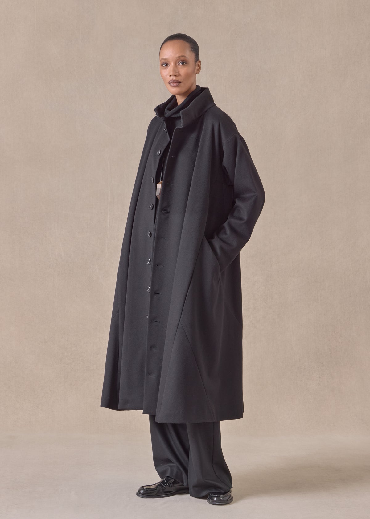 wool cashmere mix high neck caucasus coat - full length