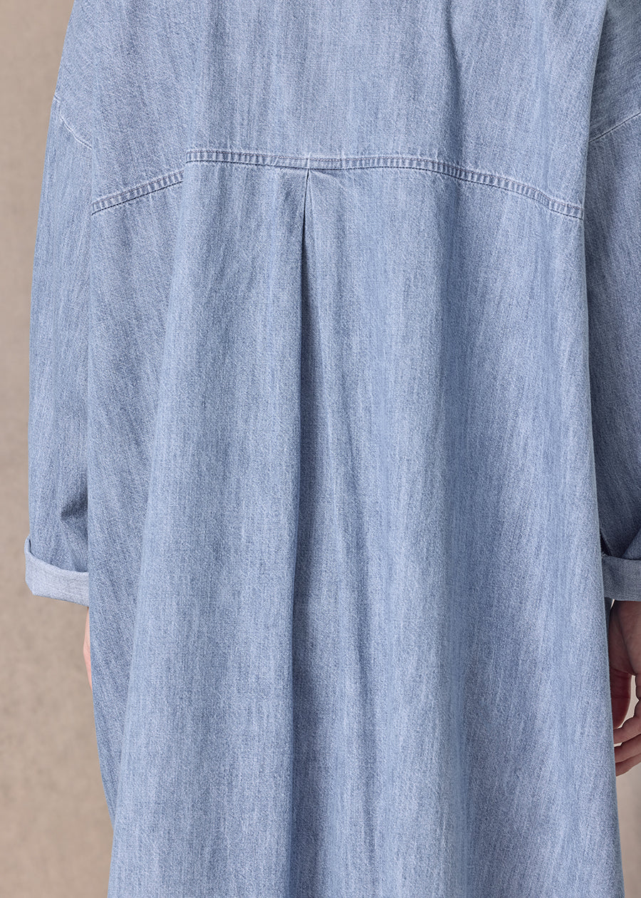 cotton wide a-line back pleat shirt dress with collar - 3/4 length