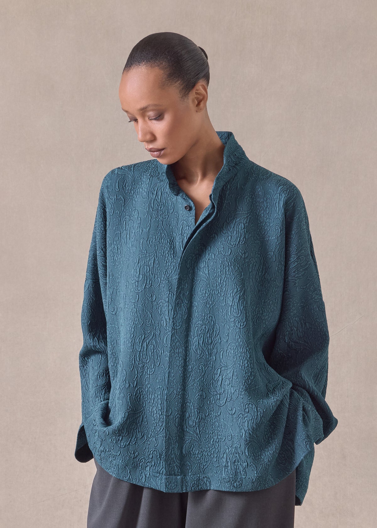 silk wide longer back double stand collar shirt - mid plus
