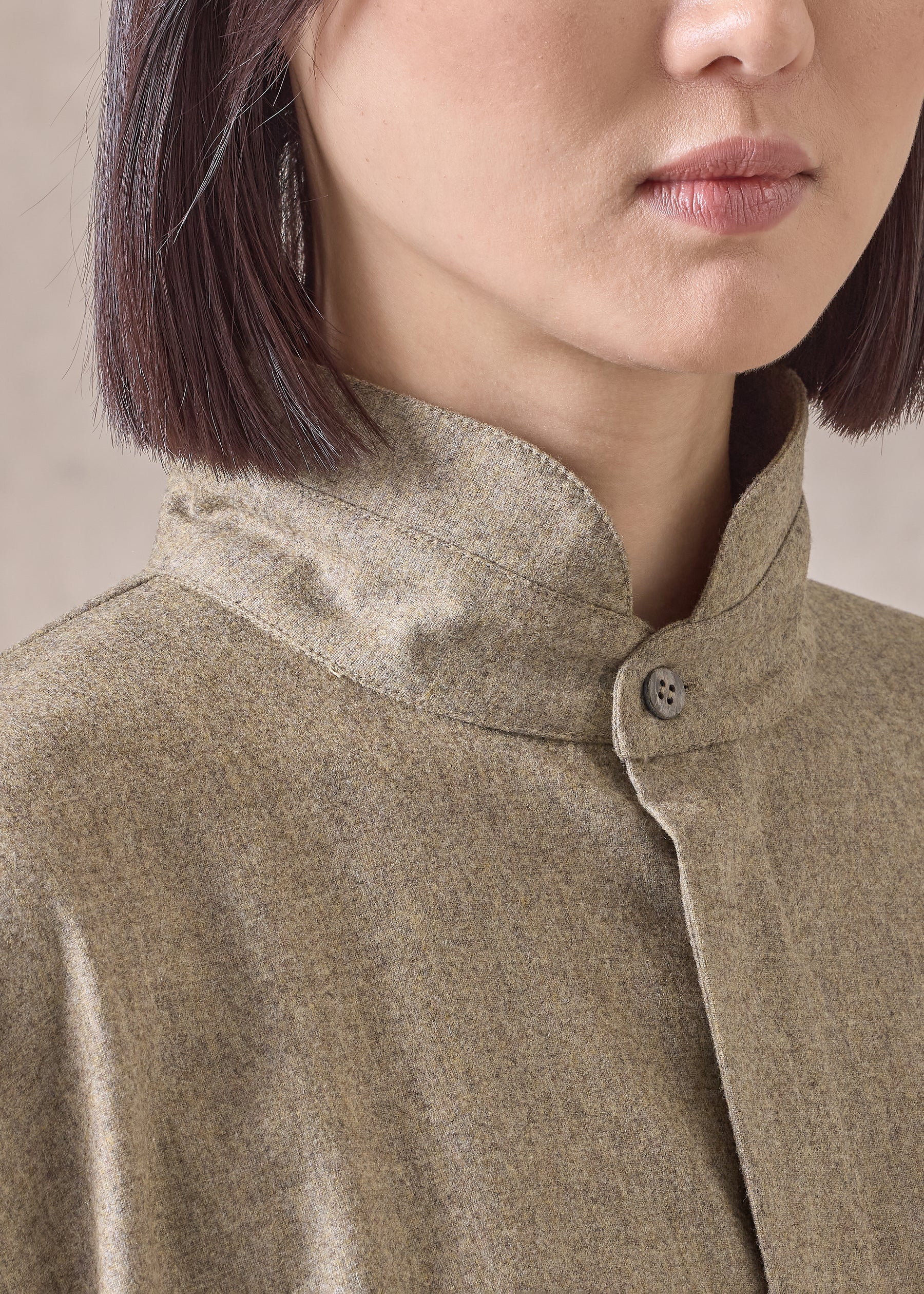 cashmere wool mix wide longer back shirt with double stand collar - mid plus